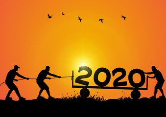 Silhouette of men helping push and pull 2020 on golden sunrise background, happy new year concept vector illustration