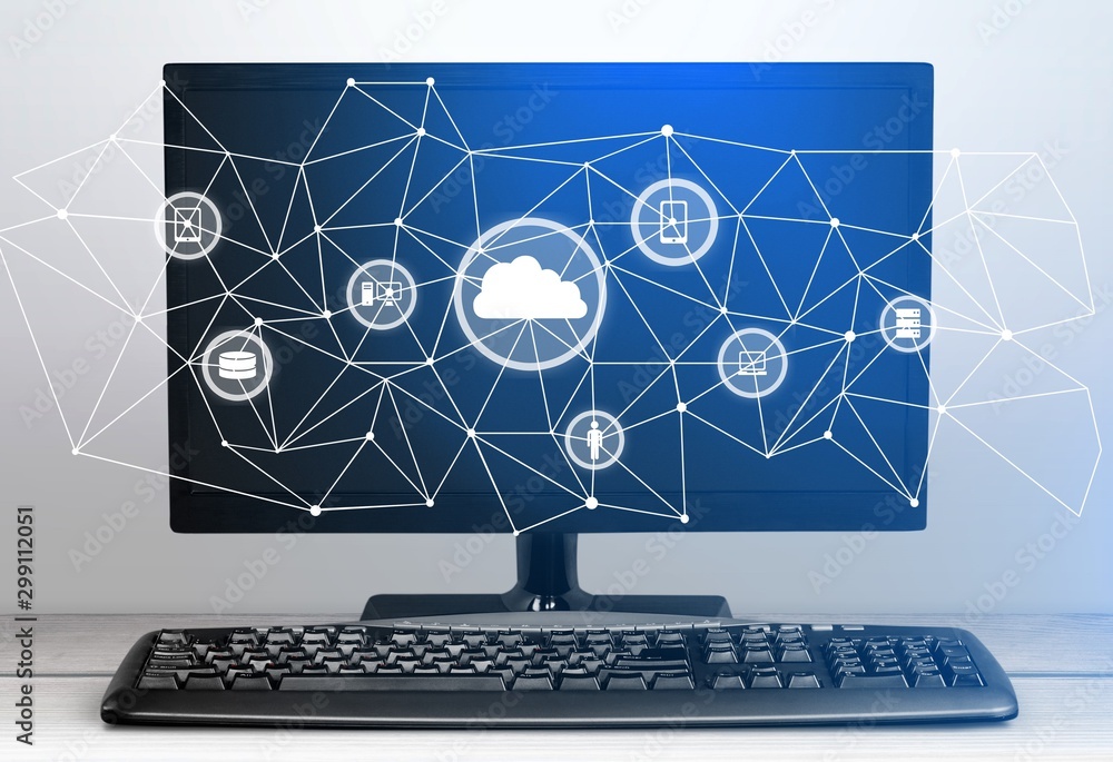 Poster desktop computer and keyboard on background