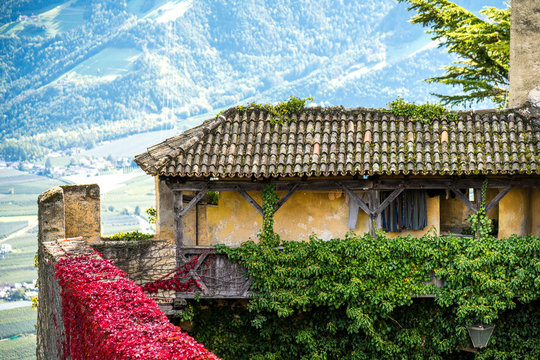 Altes Schloss Juval, historisch S&uuml;dtirol mit rotem Weinlaub und Bergen im Hintergund