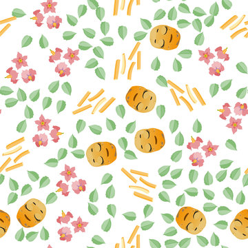 Cute seamless pattern with cartoon emoji potatoes