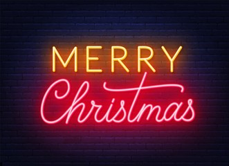 Naklejka na ściany i meble Neon lettering Merry Christmas on dark background. Vector illustration.