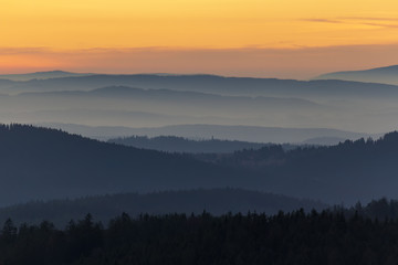 Detail of distant hill from lookout Nebelstein on sunset, Austria landscape