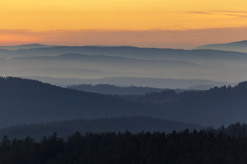 Fototapeta premium Detail of distant hill from lookout Nebelstein on sunset, Austria landscape