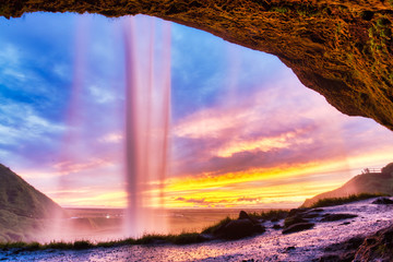 Seljalandsfoss Waterfall at Sunset, Iceland