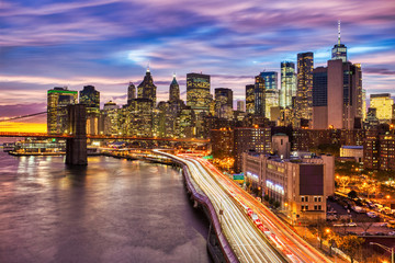 Fototapeta na wymiar View of Lower Manhattan with Brooklyn Bridge at Sunset, New York City