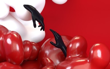 Creative hands 3d illustration wallpaper. Hands touching, people connection concept. Abstract liquid colorful shapes.