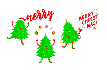 Set of cute Christmas tree cartoon characters with smiley face. Merry Christmas and Happy New Year. Vector illustration isolated on white background.