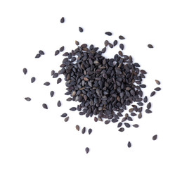 Black organic sesame seeds isolated on white background, top view