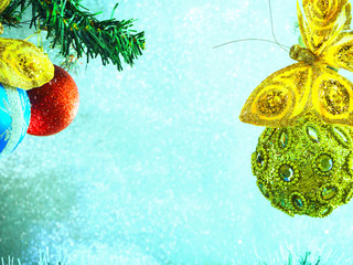 Obraz na płótnie Canvas Fir tree decoration. New Year 2020. Light background. New Year mood, Christmas tree toys. Lights, bokeh or Abstract Blurred Christmas Lights. Copy space for design. 