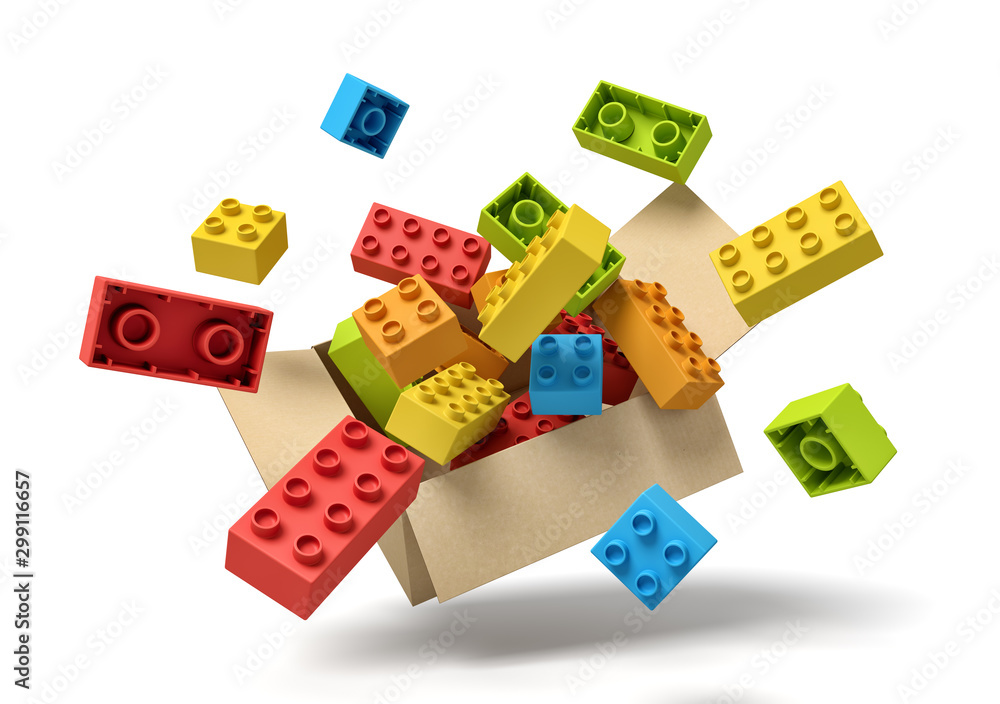 Fototapete 3d rendering of cardboard box in air full of colorful toy bricks which are flying out and floating outside.