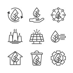 Ecology and natural icon set outline include recycle,tree,ecology,nature,hand,plant,power,energy,factory,solar panel,sunlight,natural,temperature,thermometer,green,house,leaf,trash,setting,gear