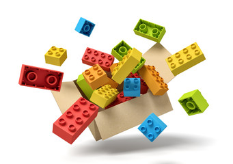 3d rendering of cardboard box in air full of colorful toy bricks which are flying out and floating outside.