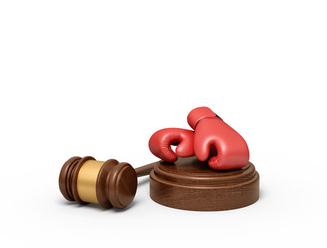 3d rendering of red boxing gloves on round wooden block and brown wooden gavel