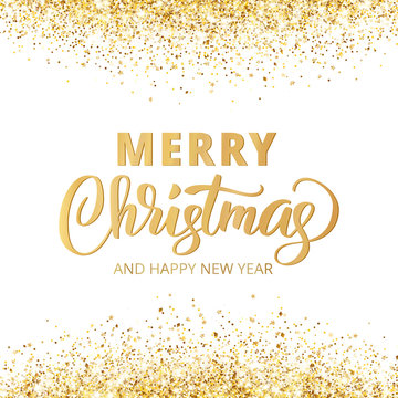 Merry Christmas and New Year card design. Gold glitter decoration, falling sparkling dust texture.