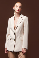 Beautiful sexy woman wear for meeting date business style suit jacket pants accessory fashion...