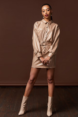 Sexy pretty fashion woman wear lather red dress casual trend clothes collection catalogue  brunette...