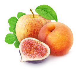 Colourful composition with whole and halved ripe fruits with leaves isolated on a white background.