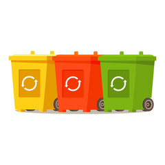 Garbage cans.Recycling garbage separation bin green, yellow.Vector flat illustration Red deskside recycling container.Universal recycle symbol .Isolated on a white background.