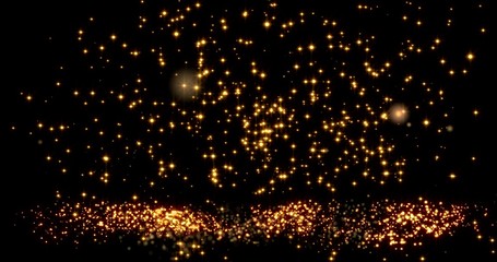 Golden confetti bokeh lights on the black background. 3d illustration