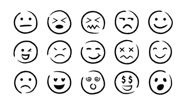 Hand drawn ink emojis faces. Vector doodle emoticons sketch, ink brush icons of happy sad funny face, design template illustration