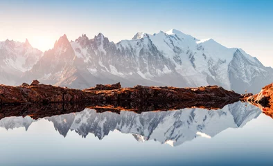 Printed roller blinds Dark gray Incredible view of clear water and sky reflection on Chesery lake (Lac De Cheserys) in France Alps. Monte Bianco mountains range on background. Landscape photography, Chamonix.