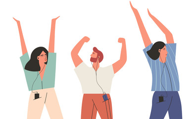 Fototapeta premium Bundle of happy people listening to music isolated on white background.Set of men and women wearing earphones and headphones, listening to music and dancing. Flat vector illustration.