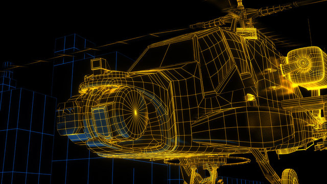 3D render of futuristic wire frame attack helicopter for computer games or tech demo