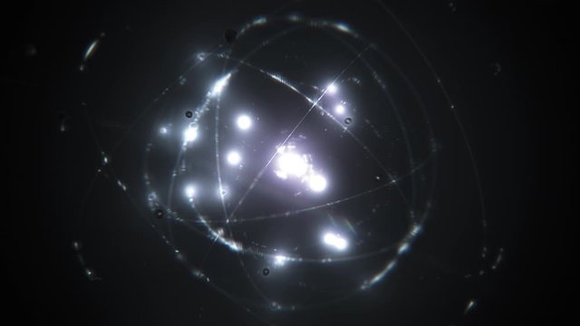 seamlessly looping white silver atom concept animation shining glowing proton neutron nucleus, visualization of atom space physics of centric gravity as idea of electrons orbiting as ordered particles