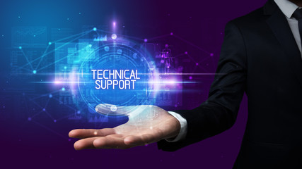 Fototapeta premium Man hand holding TECHNICAL SUPPORT inscription, technology concept