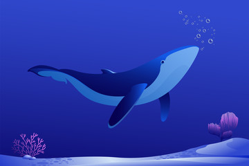 Vector illustration of a blue whale with decor. Corals, polyps. Sea world