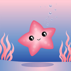 Vector illustration of a cute starfish on a pink blue background with seaweed. Sea world