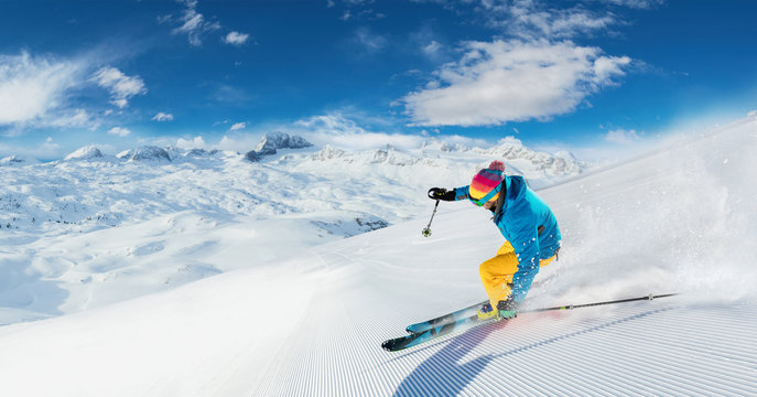 Alpine Skier Skiing Downhill, Panoramic Format