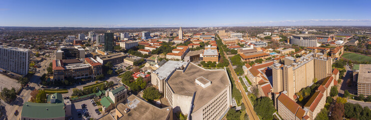 University of Texas at Austin panorama aerial view including UT Tower and Main Building in campus,...