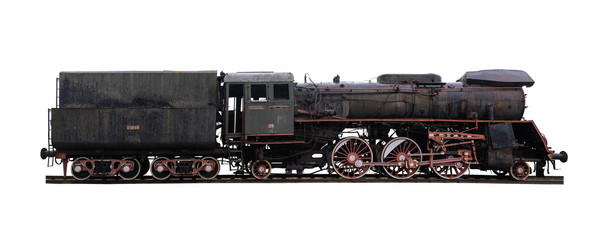 Panoramic shot of an old abandoned, rusty locomotive isolated on white background