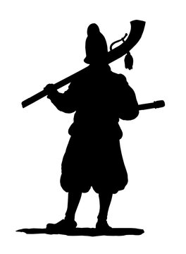 Silhouette musketeer illustration. Medieval soldier wit gun. Uniform and Arquebuse illustration.