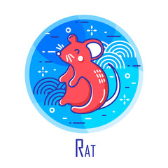 Holiday icon with red rat and graphic elements in blue circle. Thin line flat design. Vector.