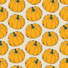 Pumpkin vector seamless pattern, hand drawn vegetable background
