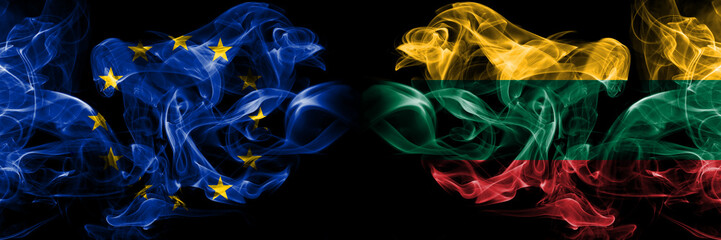 Eu, European union vs Lithuania, Lithuanian smoke flags placed side by side. Thick colored silky smokes abstract flags