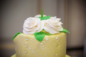 Closeup of parts of a three tiered wedding cake in pastel colors decorated with realistic pink roses on a blurred background of the garden, selective focus