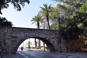 Medieval bridge.Antique bridge across the road.Kos.Greece