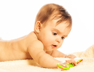 Close-up portrait of a curious little pretty girl
