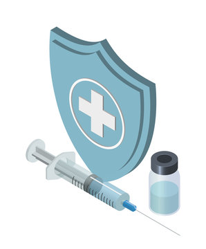 Vaccination concept. Can use for web banner, infographics. Flat isometric vector illustration. Syringe with vaccine and bottle.