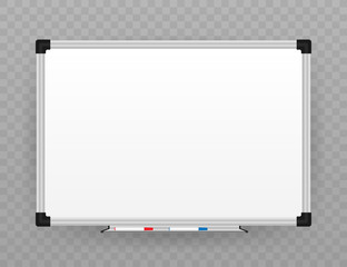Realistic office Whiteboard. Empty whiteboard with marker pens. Vector stock illustration.