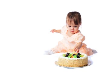 One year baby, isolated on white, birthday series with cake