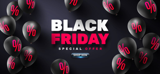 Black Friday Sale Poster with black balloons for Retail,Shopping or Black Friday Promotion in pink and black style.Vector illustration EPS10