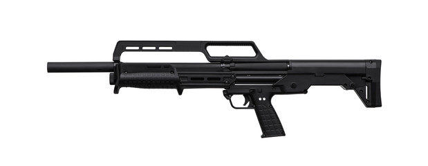 Modern semi-automatic tactical shotgun isolate on white background. Modern weapons on a light background.