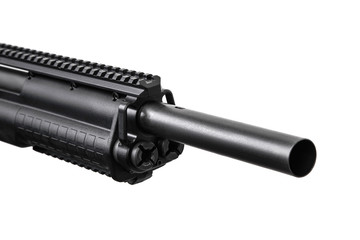 Modern semi-automatic tactical shotgun isolate on white background. Modern weapons on a light...