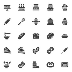 Bakery vector icons set, modern solid symbol collection, filled style pictogram pack. Signs, logo illustration. Set includes icons as puff pastry, cooking cake, pie recipe, birthday cake with candle