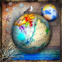 Aluminium Prints Imagination Earth globe with starry night over the sea. Concept of travel and imagination