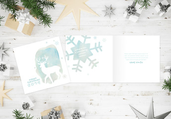 Watercolor Style Christmas Card Layout with Reindeer